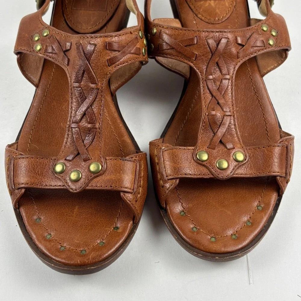 Frye Avery T-Strap Sandals Womens 6M Brown Leather Wedge Studded Boho Western
